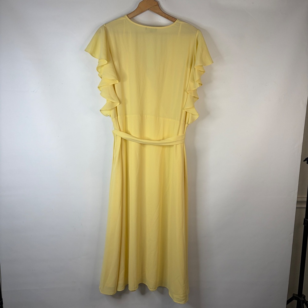 1.STATE Faux Wrap Dress Womens 20W Yellow Ruffle Sleeve Midi V-Neck Belted - Picture 9 of 9